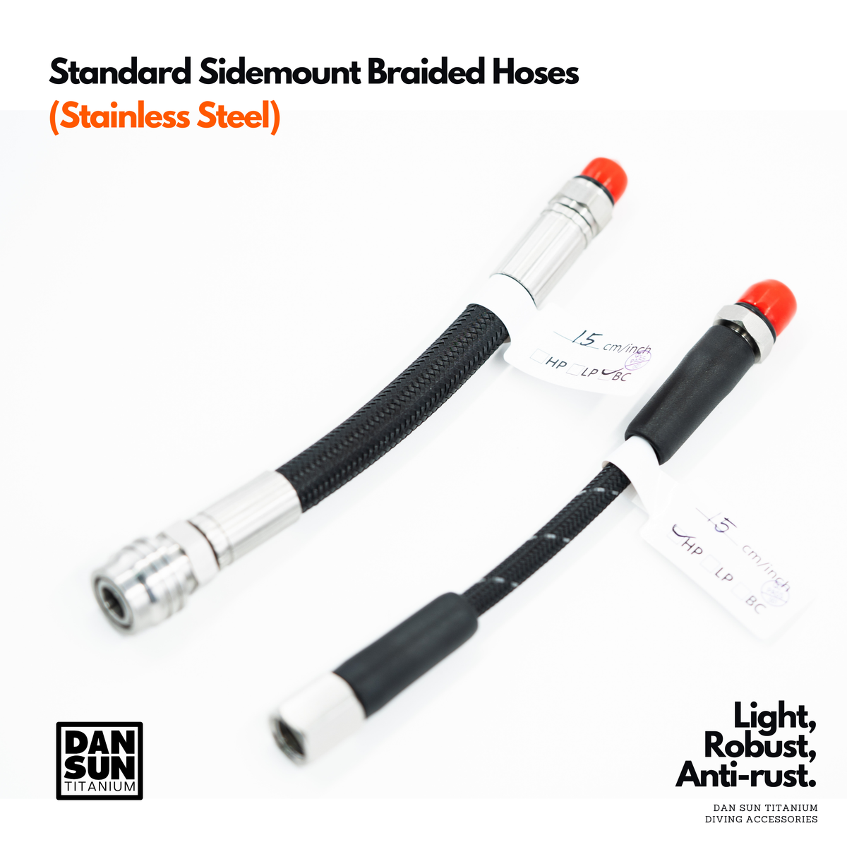 Standard Sidemount Braided Hoses (Stainless Steel, 15cm, LP Inflator/HP) image 0